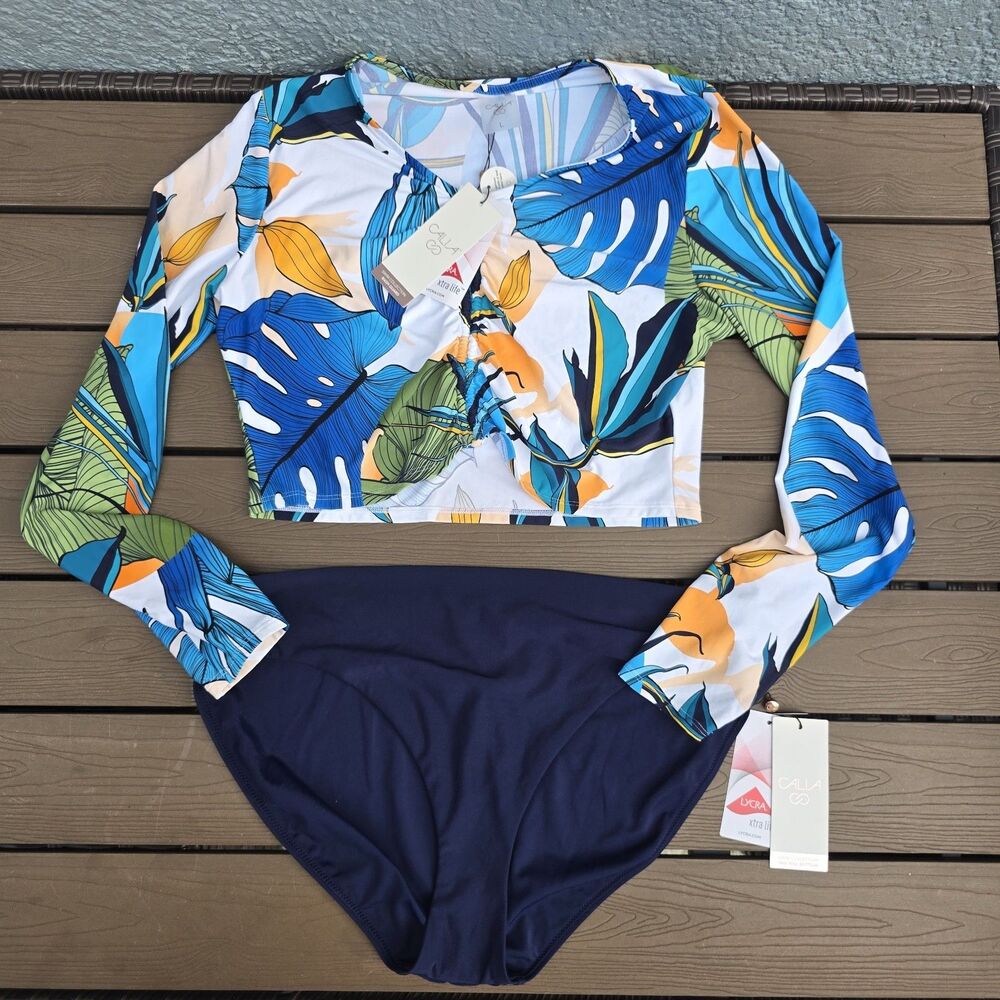 CALIA Women Botanical Rouched Rash Guard & Opulent Blue Mid Rise Bikini Sz L New